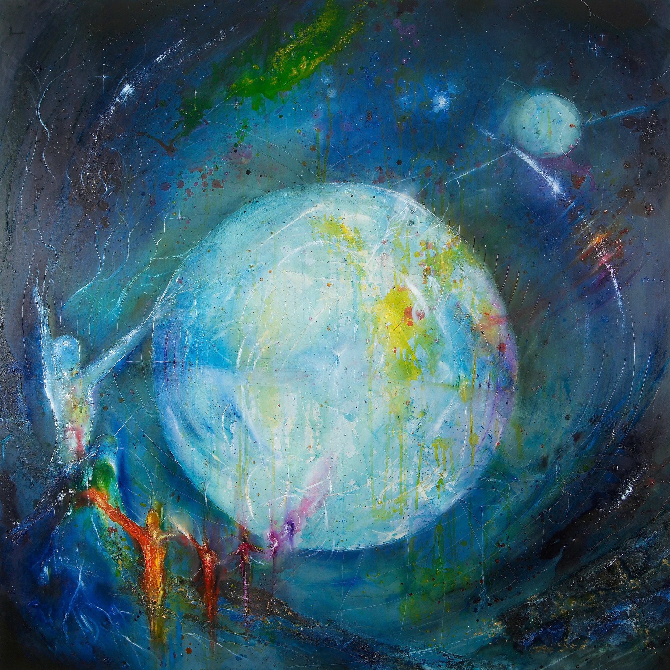 Abstract blue and teal painting suggesting people approaching a luminous living world.